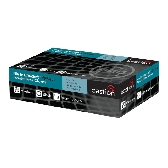 Bastion Nitrile Ultra Soft Black Gloves Pkt 100 - Micro Textured And Powder Free