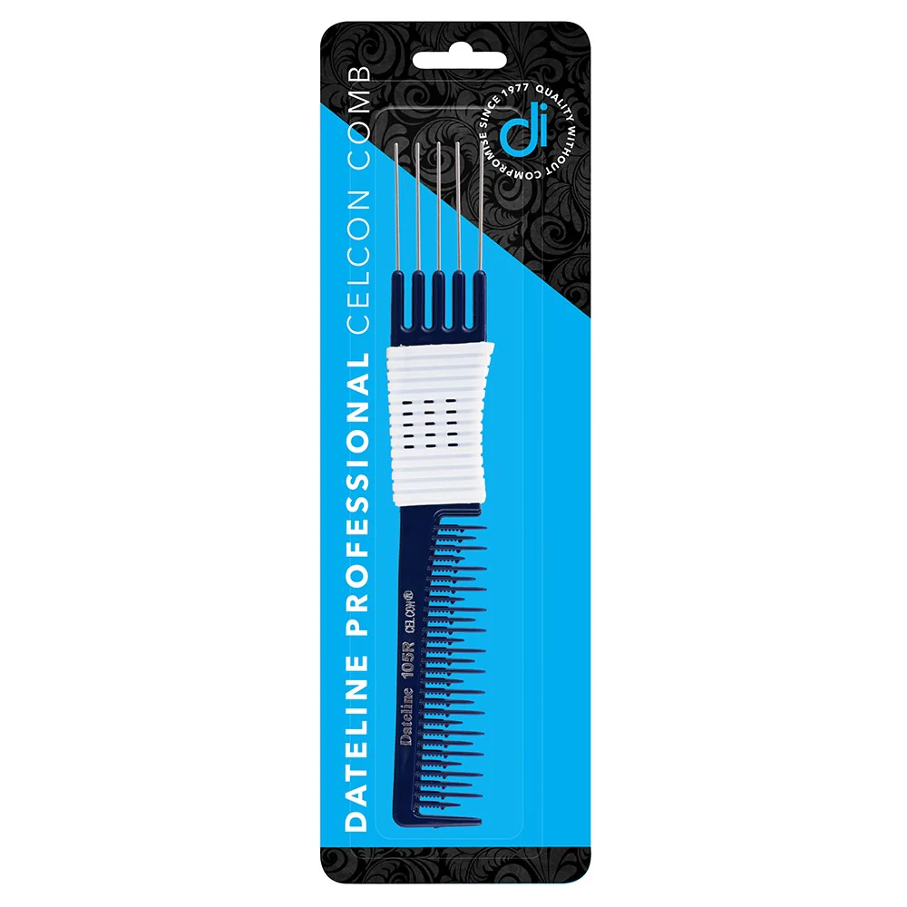 Dateline Professional Blue Celcon Teasing Comb With Rubber Grip And 5 Tails 8 105r - Stainless Steel - Image 2